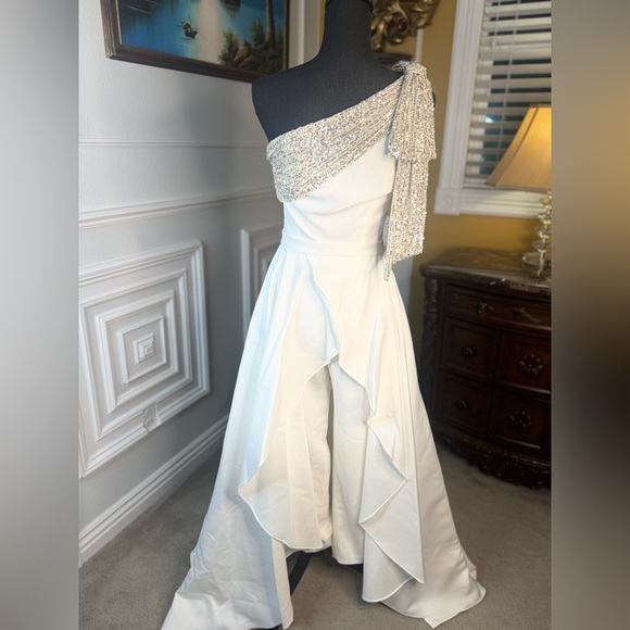 Gavin Jumpsuit With Satin Overskirt in Light Ivory, Silver & Diamond White - Picture 4 of 15